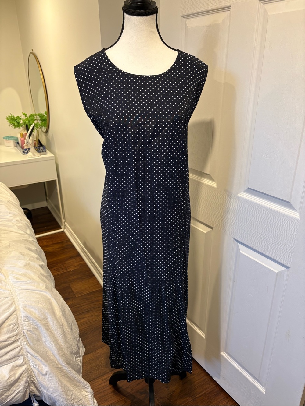 Vintage Navy Polka Dot Lace Up Back Midi Dress